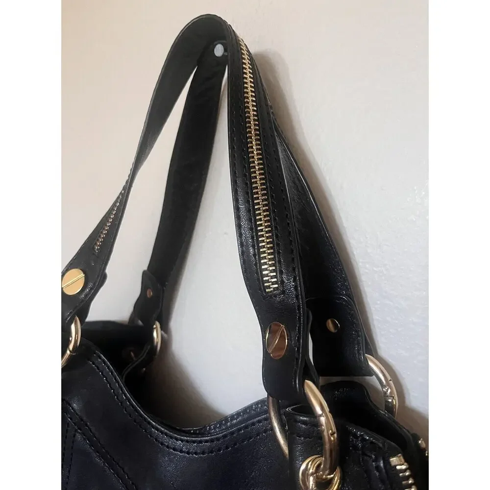 Michael Kors Moxley Black Leather Gold Zippers Details Shoulder Bag
